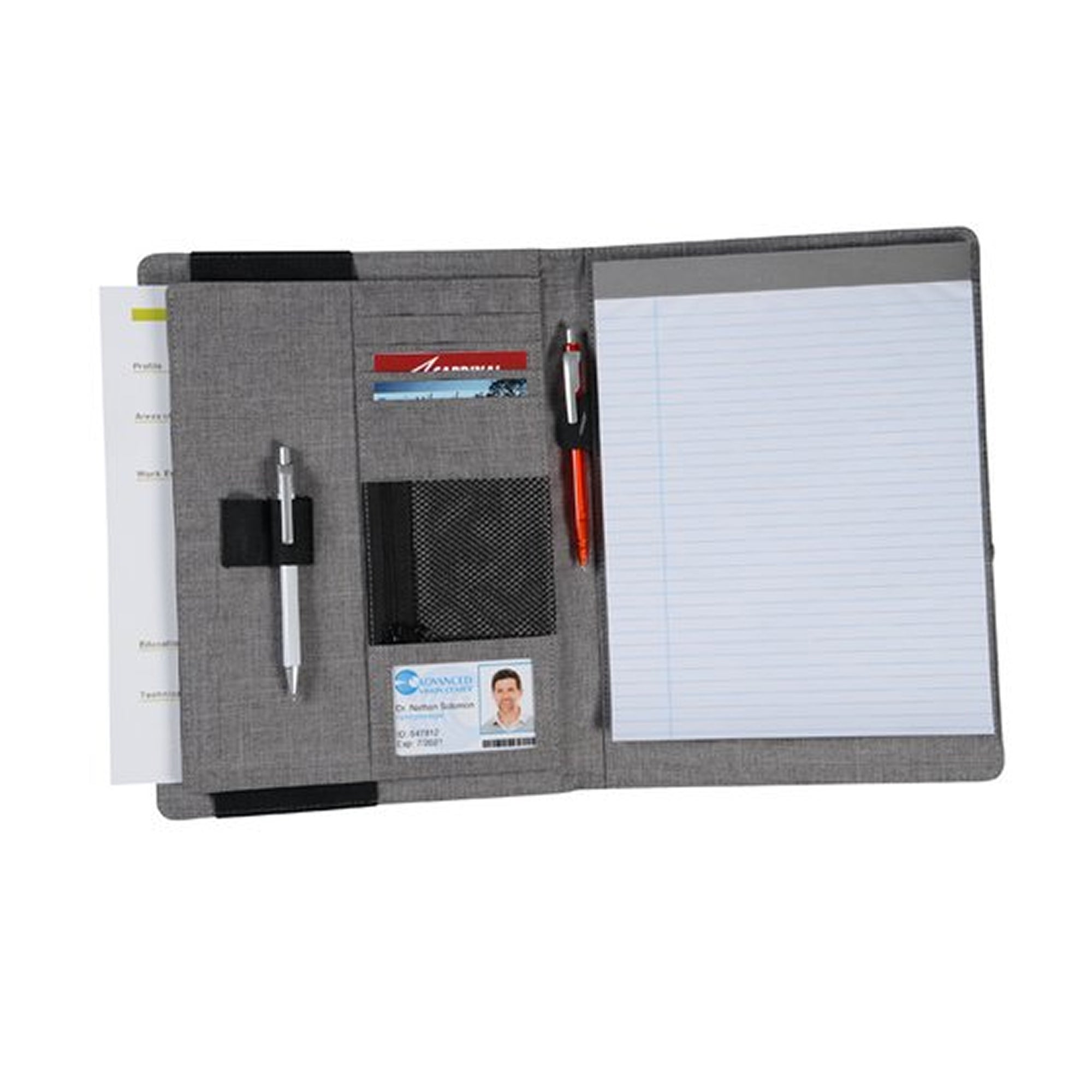Gray padfolio with pen holders, notepad, and card slots