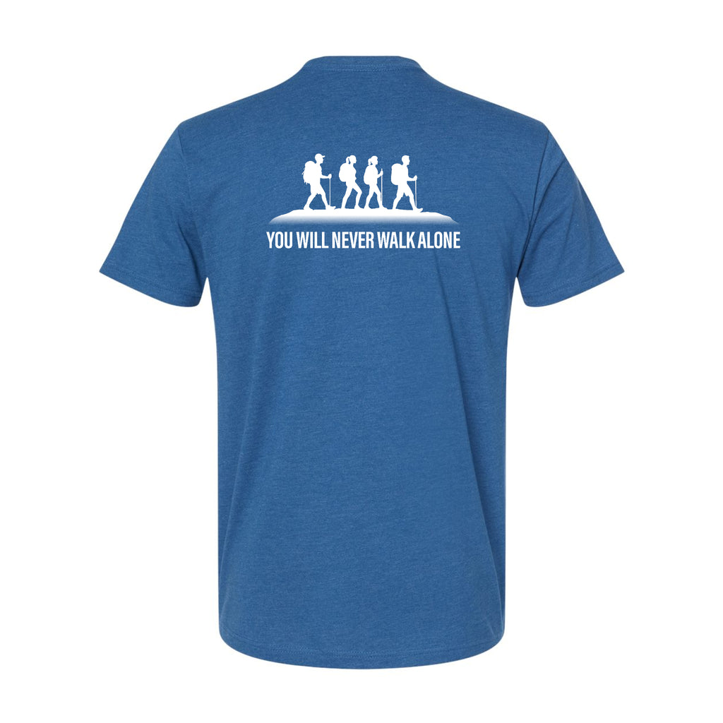Blue t-shirt with white graphic and text 'YOU WILL NEVER WALK ALONE' on back of shirt