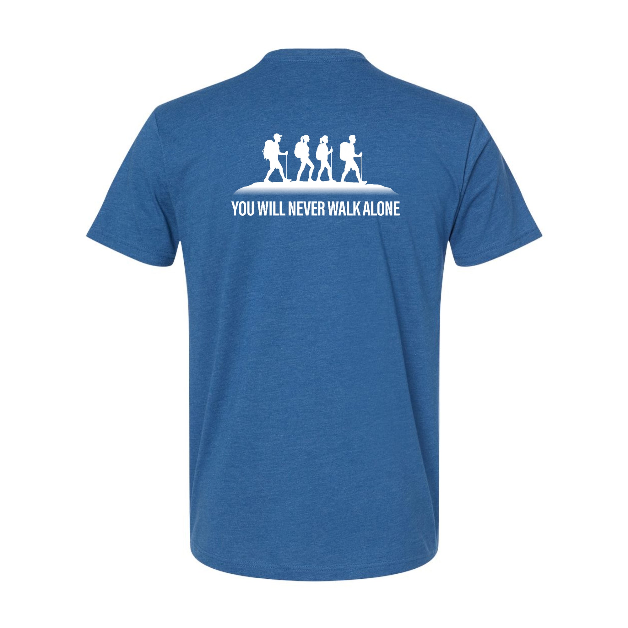 Blue t-shirt with white graphic and text 'YOU WILL NEVER WALK ALONE' on back of shirt
