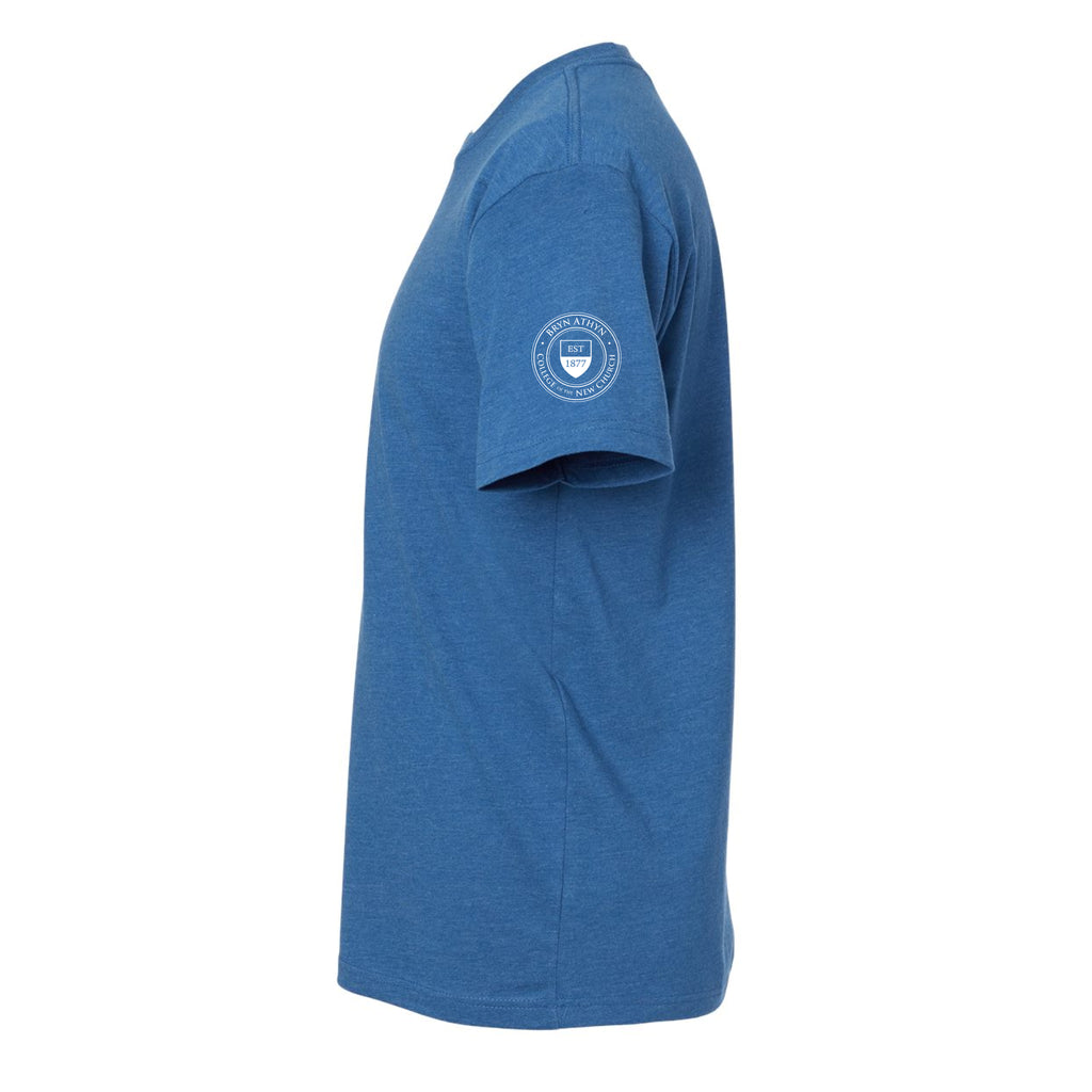 Blue t-shirt with a white BACNC shield logo on the sleeve 